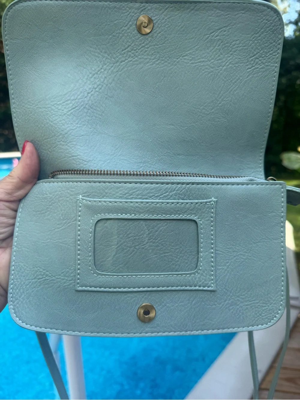 Women’s Crossbody Bag JOY in Light Blue with Sage Green inside. - Picture 6 of 6